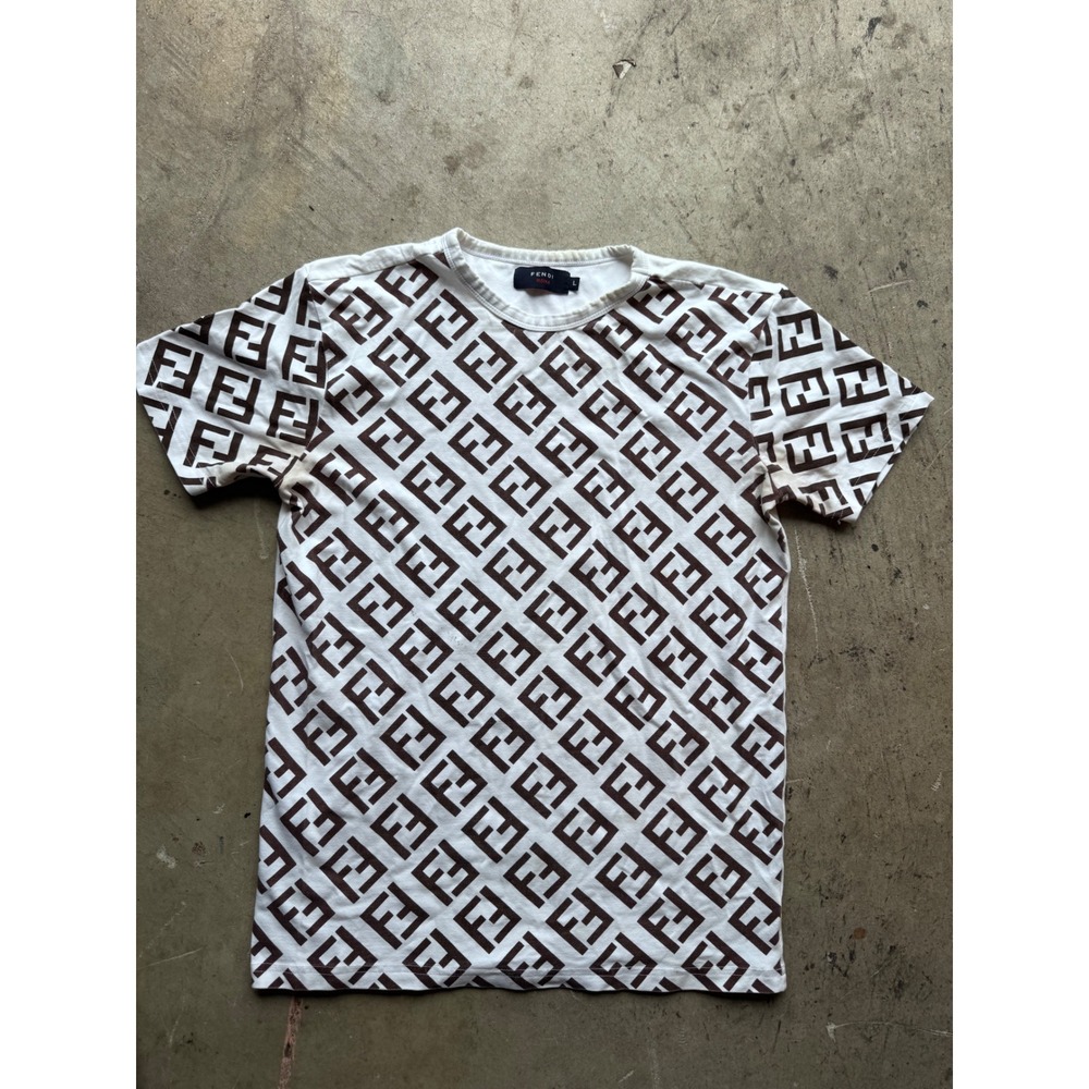 Fendi Roma Zucca Monogram Print T-Shirt White Brown Mens Large
